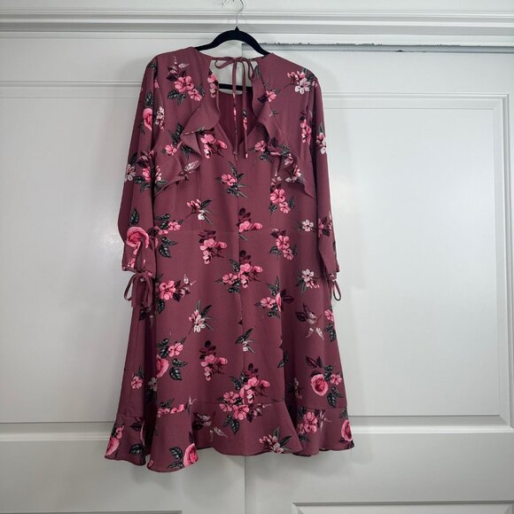 City Chic Burgundy Floral Ruffle Midi Dress - Picture 2 of 11